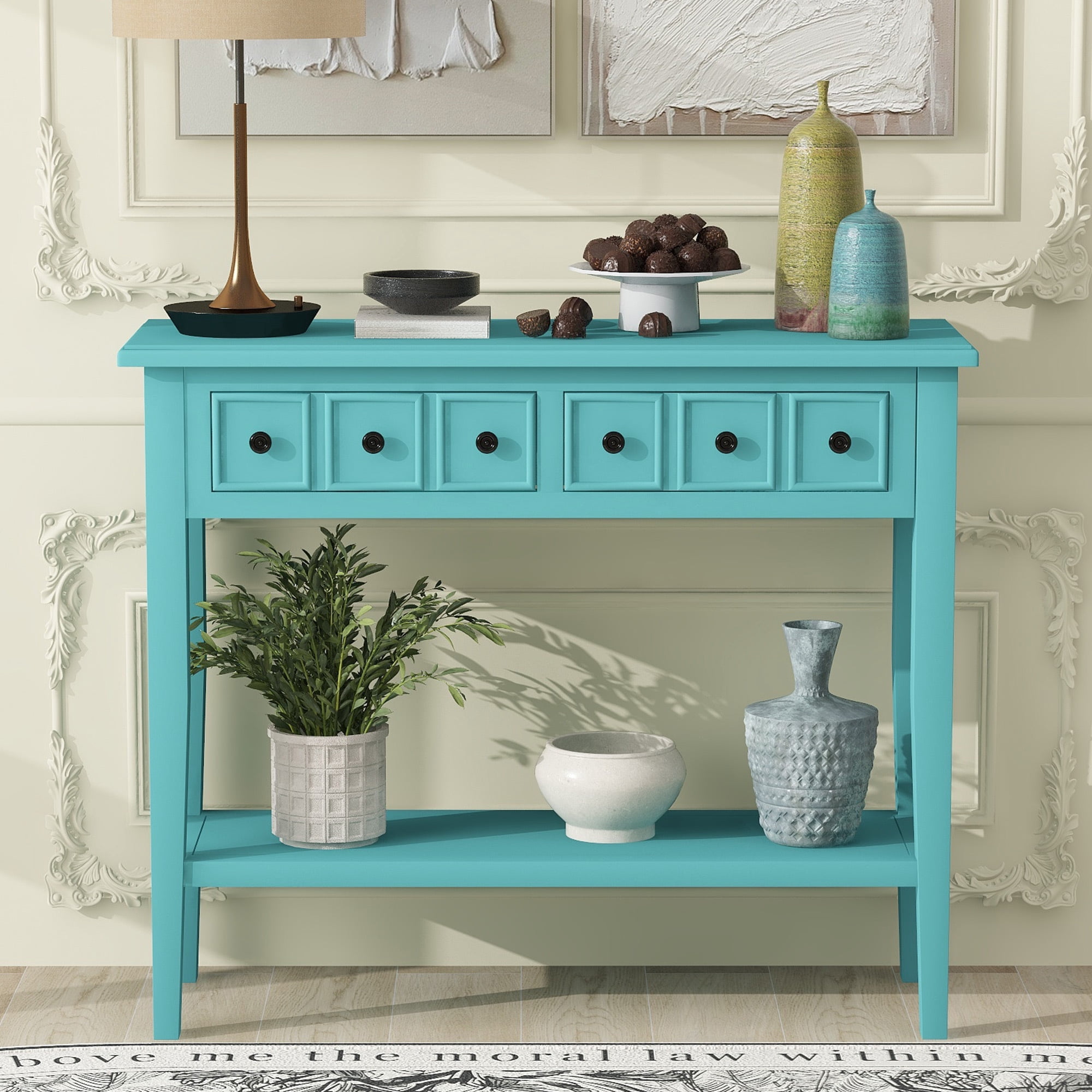 EUROCO 38.2" Console Table,Sofa Table Entryway Table with Rubber Wood Legs,2 Drawers and Open Shelf,Rustic Hallway Accent Table for Living Room, Entrance,Teal