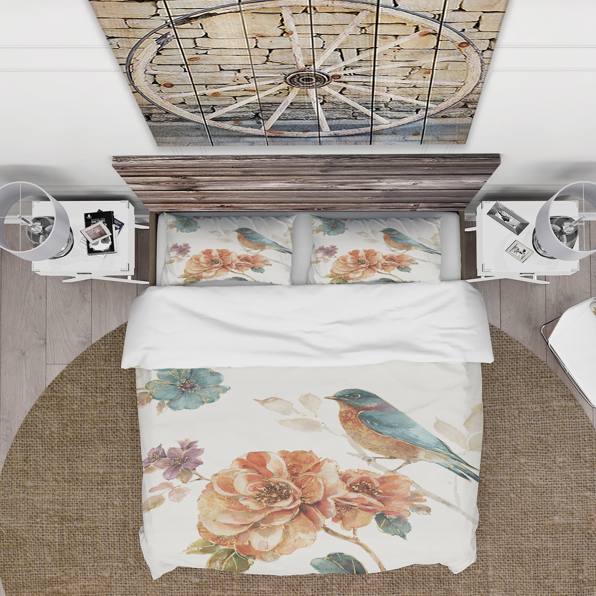 Designart 'Cottage Bird on Orange Flower Twig' Cottage Duvet Cover Set