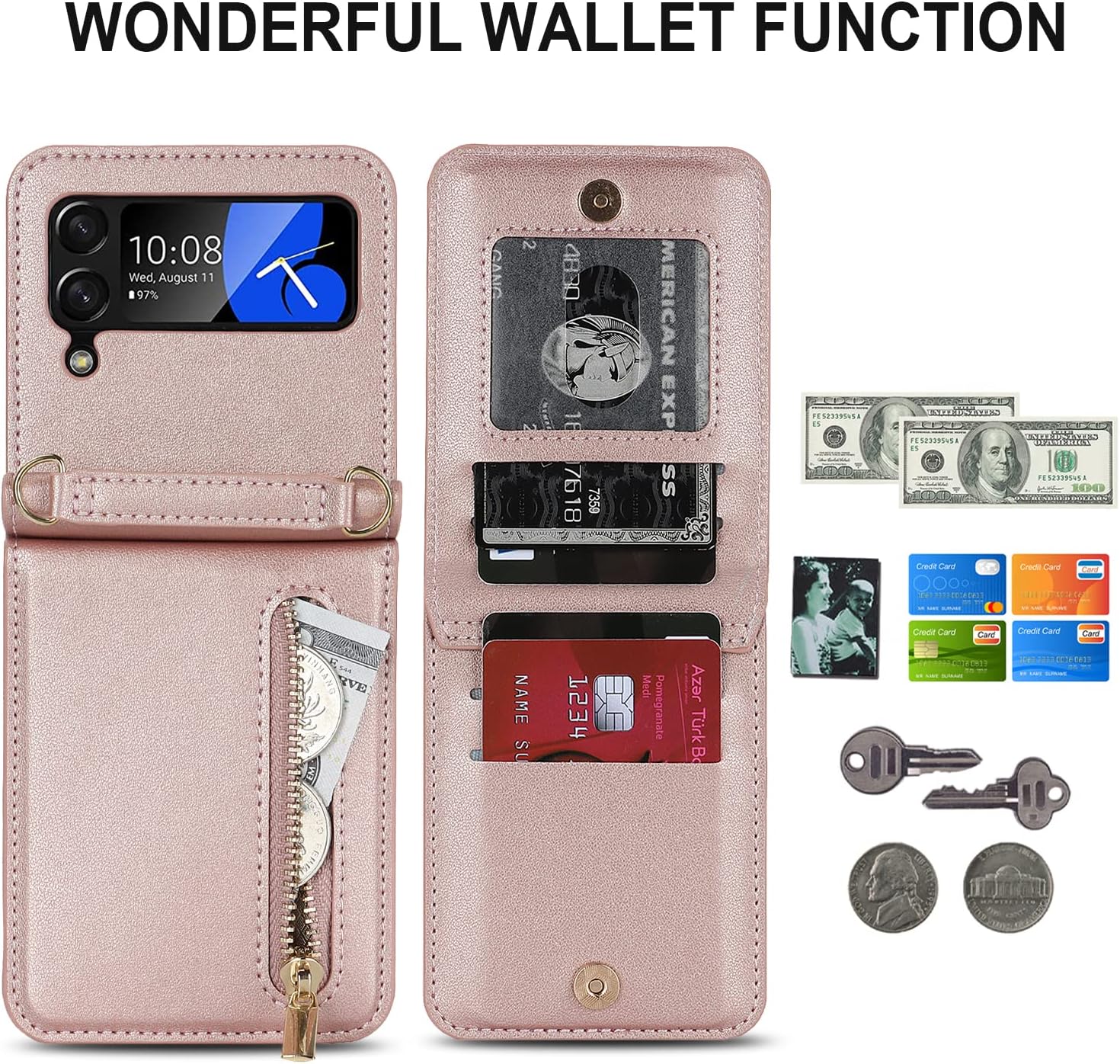 Phone Case for Samsung Galaxy Z Flip 3 5G 2021 Wallet Cover with Credit Card Holder Zipper Slot Crossbody Strap Lanyard Leather Stand Cell Accessories ZFlip3 Z3 Flip3 3Z Women Girls Rose Gold