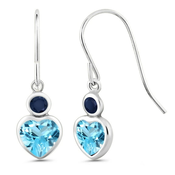 Gem Stone King 1.40 Ct Heart Shape Swiss Blue Topaz Blue Sapphire 14K White Gold Earrings