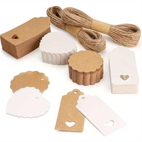 200 PCS Gift Tags with String Attached, 3 Different Designs White and Brown Blank Labels Gift Tags with Strings Hanging for Wedding Party Favor