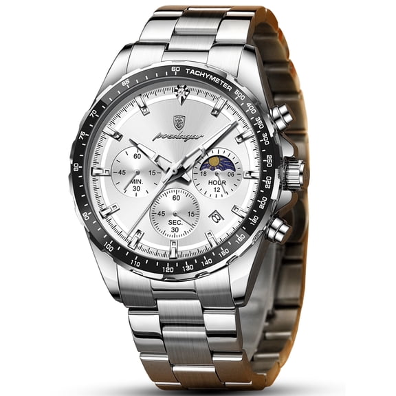 Poedagar Men's Chronograph Quartz Wristwatch, Stainless Steel Strap, Waterproof Luminous Function