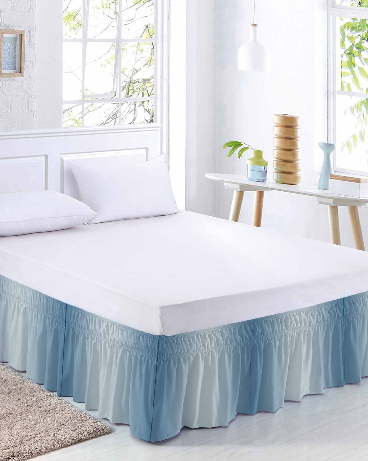 Blue Ombre Bed Skirt Cal King Size, Modern Gradient Abstract Art Wrap Around Bed Skirting with Adjustable Elastic Strap, Dust Ruffled Pleated Bedskirts 18 Inch Drop for Bedroom Cal King Beds