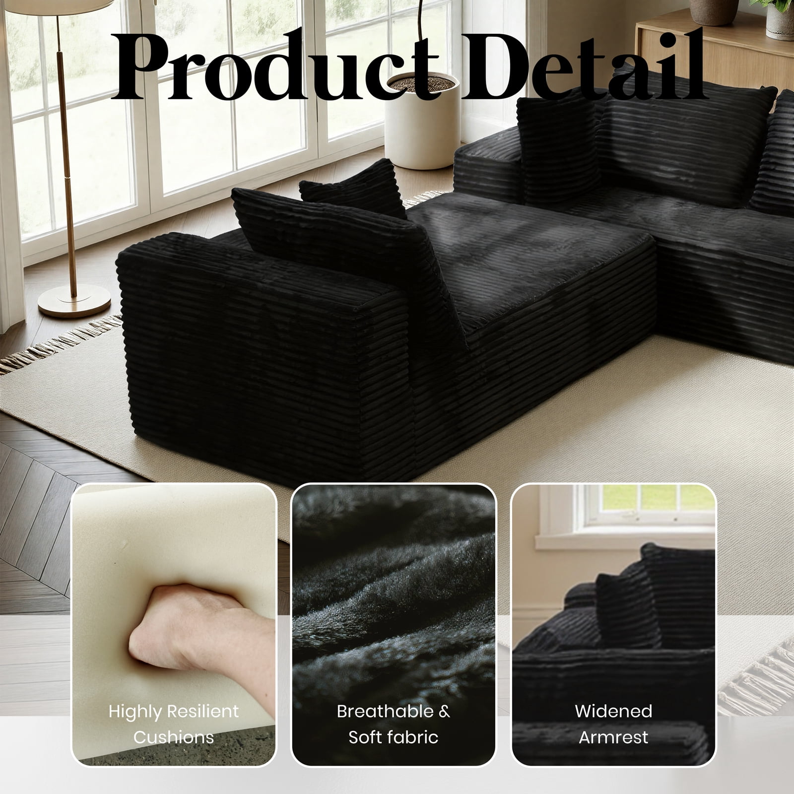 Kelyda 139'' U Shaped Sectional Couches, Modern Modular Boneless 8 Seater Large Foam Cloud Sofa Black