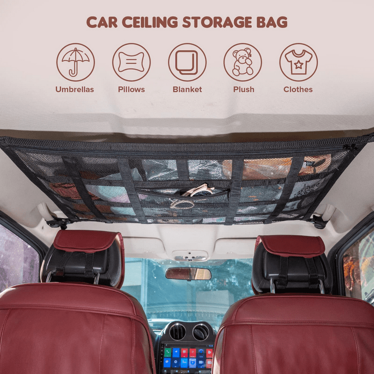 Upgrade Car Ceiling Cargo Net Pocket,31.5x21.6 Strengthen Load-Bearing  and Droop Less Double-Layer Mesh Car Roof Storage Organizer,Truck SUV  Travel