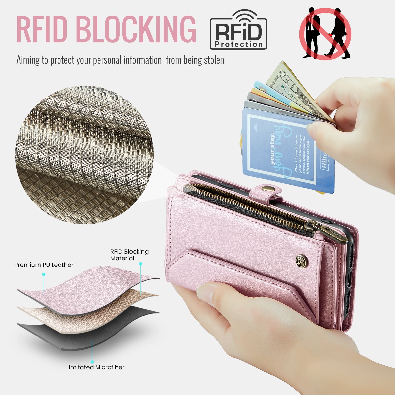 for iPhone 11 Full Body Protection Wallet Folio Flip Case, Shoulder Strap & Wristlet Card Slots Zipper Pocket RFID Blocking Rugged Durable PU Leather Phone Case Cover, Pink