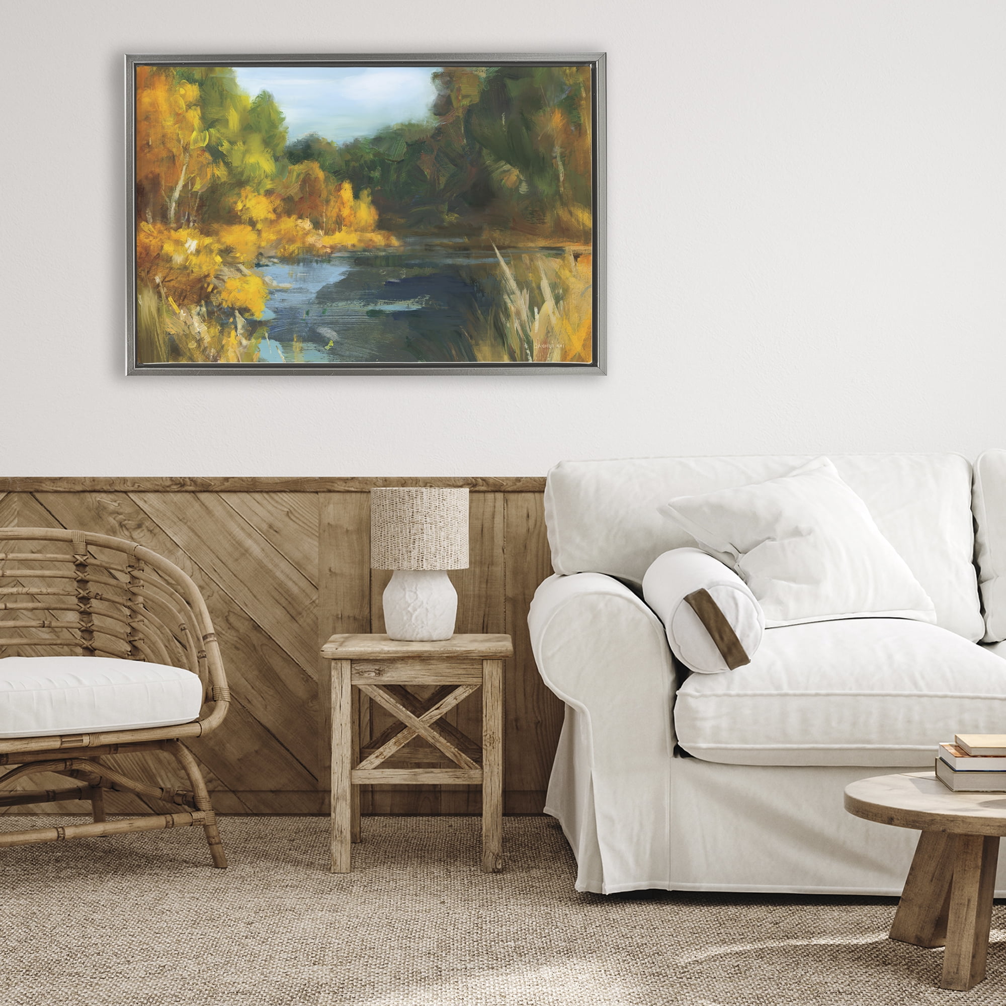 Stupell Industries Autumn River Bend Abstract Gray Framed Floater Canvas Wall Art, design by Danhui Nai