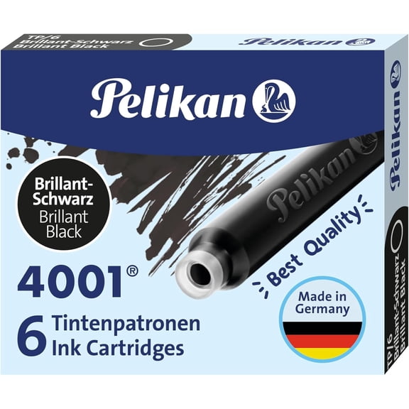 Pelikan 4001 TP/6 Ink Cartridges for Fountain Pens, Brilliant Black, 0.8ml, 6 Pack (301218)
