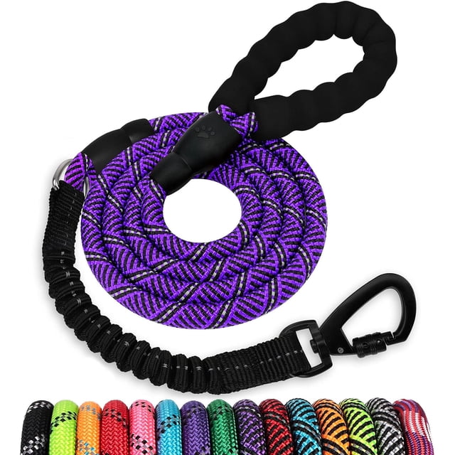 Rope Dog Leash 5 FT: Heavy Duty Leashes with Swivel Lockable Hook Reflective Threads Bungee and Padded Handle - Dog Lead for Large Small Medium Dogs Outside Walking Hiking Purple