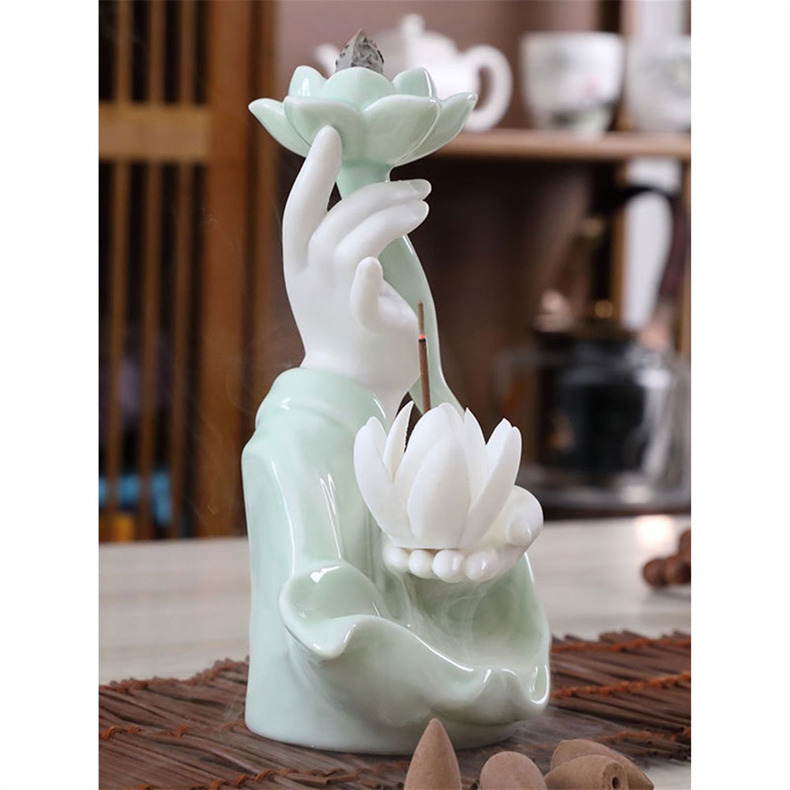 Celadon Reverse Flow Incense Burner Creative Handheld Lotus Shaped Zen Decorative Ornaments Holder