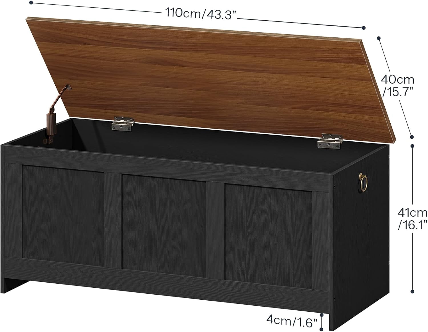 Storage Bench, 43.3" Retro Wooden Storage Chest, Wooden Storage Trunk, Toy Chest with Lift Top, Multifunctional Entryway Organizer, for Entryway, Living Room, Black and Walnut BH411CW01