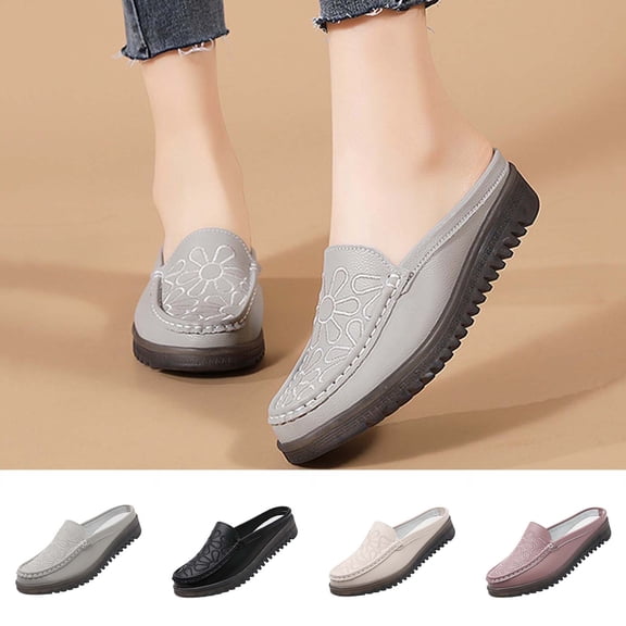 Miluxas Women Slip On Backless Loafers Comfort Leather Wide Low Top Casual Platform Shoes Purple 9(42)