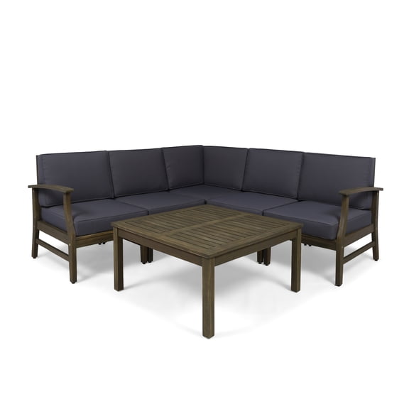 Martina Outdoor 6 Piece Acacia Wood Sectional Sofa and Coffee Table Set, Gray