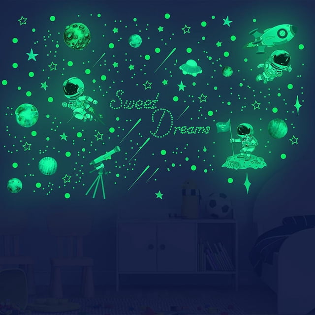 Pegatina de pared estrellada que brilla en la oscuridad, astronauta, planeta, sala de estar, dormitorio, habitación de niños, decoración del hogar, pegatina fluorescente