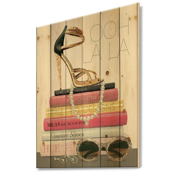 Designart 'Glamourous Paris Gold Style II' Fashion Print on Natural Pine Wood
