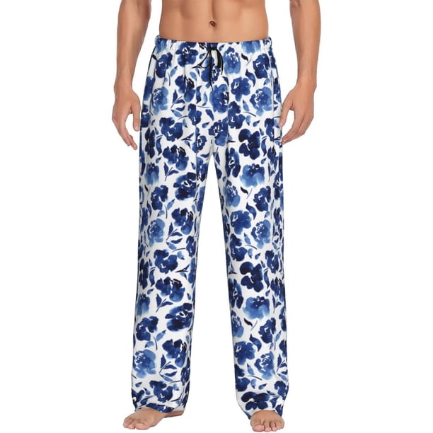 Balery Blue Ink Flowers Pantalones de pijama para hombre, pijama ultraligero, pantalón de descanso-Small