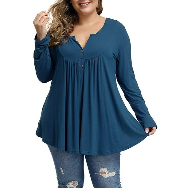 Women's Plus Size Henley Shirt Long sleeve V Neck Flared Blouse Pleated Tunic  Tops for Women - Walmart.com