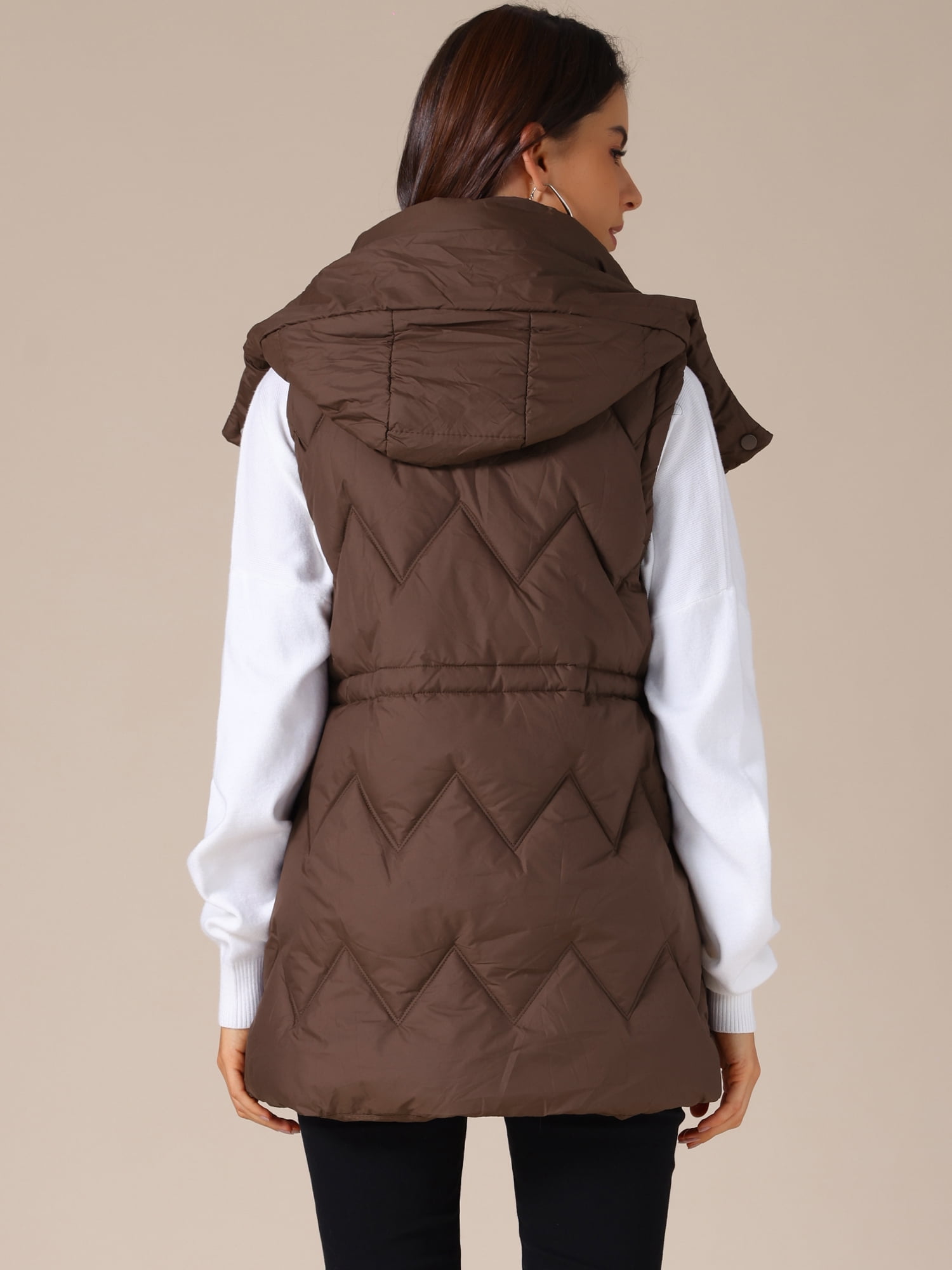 DARING DIVA Women's Puffer Vest Coat Hooded Zip Up Long Sleeveless Jacket 2XL Coffee