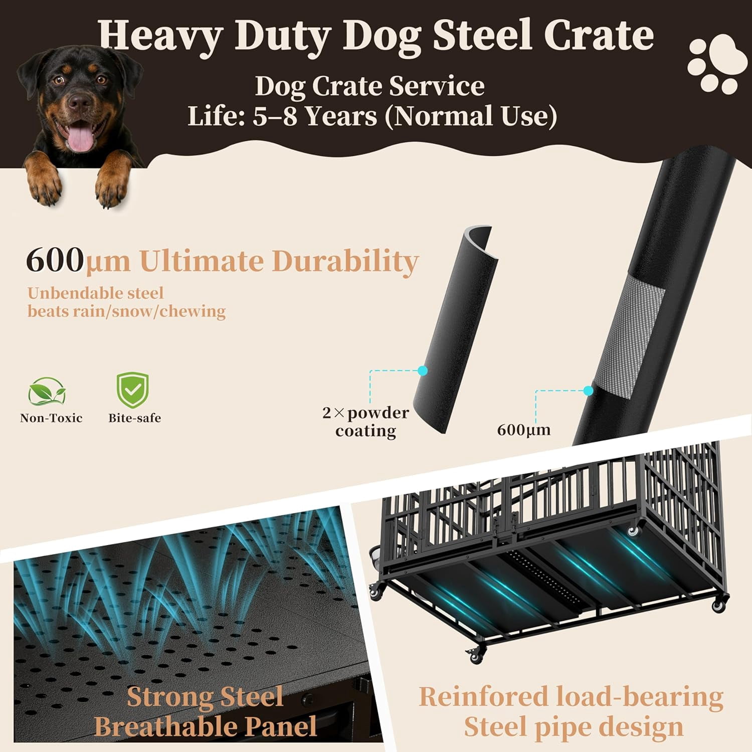 POAO 41"Heavy Duty Indestructible Dog Crate, Escape Proof Kennel for High Anxiety Large Dog, Extra Large Steel Dog Cage with Wheels