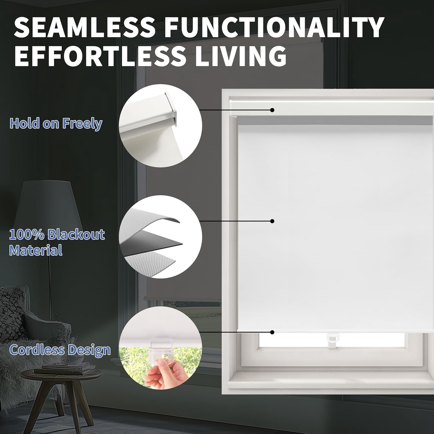 ColourTree Cordless Blackout Roller Shades Blinds for Windows, Room Darkening with Thermal Insulated Fabric, UV Protection+, Easy Pull-Down System, Fit for Home, Office (72" W x 72" H, White)