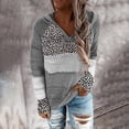 thumbnail image 2 of Mode Femmes Léopard Patchwork Col en V Manches Longues Chandail à Capuche Blouse Hauts, 2 of 6