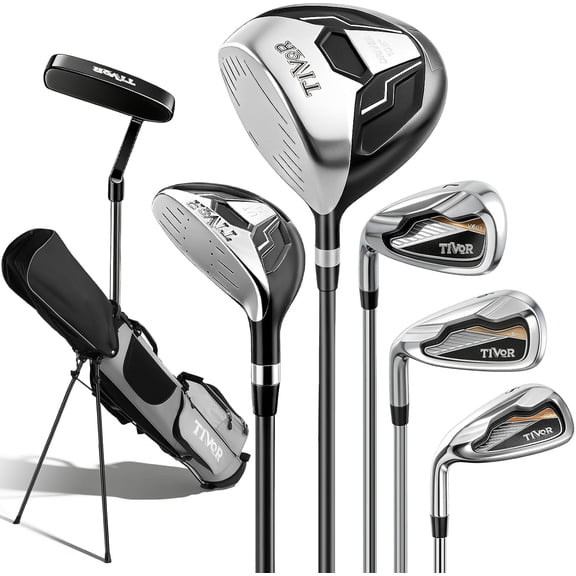 Tivor 6-Piece Golf Clubs Set for Men Right Handed – Complete Beginner Set with Driver, Hybrid, 7 Iron, 9 Iron, Sand Wedge, Putter & Stand Bag, Gray