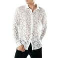 thumbnail image 6 of Men Shirts Pure Color Fashion Full Lace Club Hollow Long Sleeves Lapel Shirt, 6 of 7