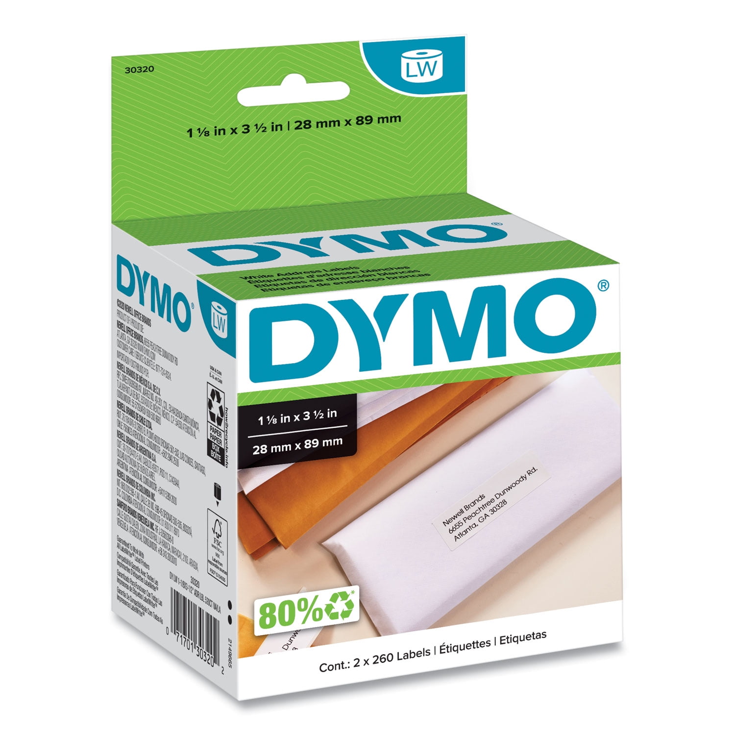 DYMO LabelWriter Address Labels, 1.12' x 3.5', White, 260 Labels/Roll, 2 Rolls/Pack (30320)