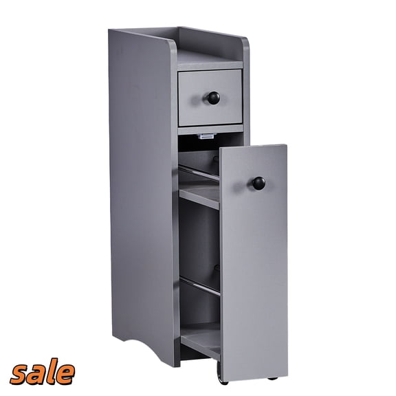 Hassch Bathroom Storage Cabinet with Drawer and Movable Pull-out Shelf, 7.09"W Narrow Floor Cabinet Organizer for Kitchen and Laundry Room, Gray
