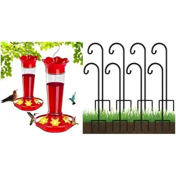 Adjustable 32 Inch Small Shepherd Hooks for Outdoor, Garden Hooks for Lanterns, Shepard Hooks& 10 OZ Hummingbird Feeders for Outdoors Hanging Ant and Bee Proof, 2 Pack Plastic H