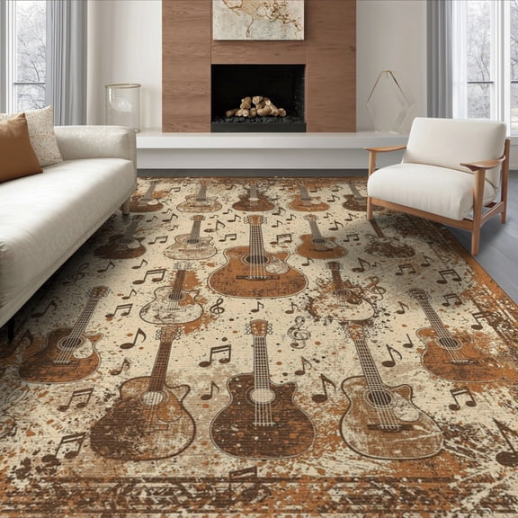 ODIKA 8'x10' Washable Area Rug Non-Shedding, Easy Care, Guitar Music Notes Vintage Rock Distressed Grunge Border Hip for King Size Bedroom Under Bed, Master Suite
