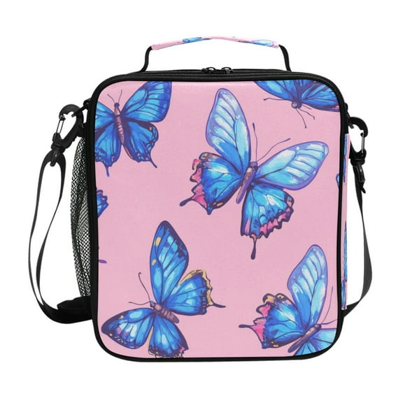 10.5X9.5in Square Insulated Lunch Bag Leak-proof Lunch Box for Outdoor Work Picnic Blue Butterfly on Pink