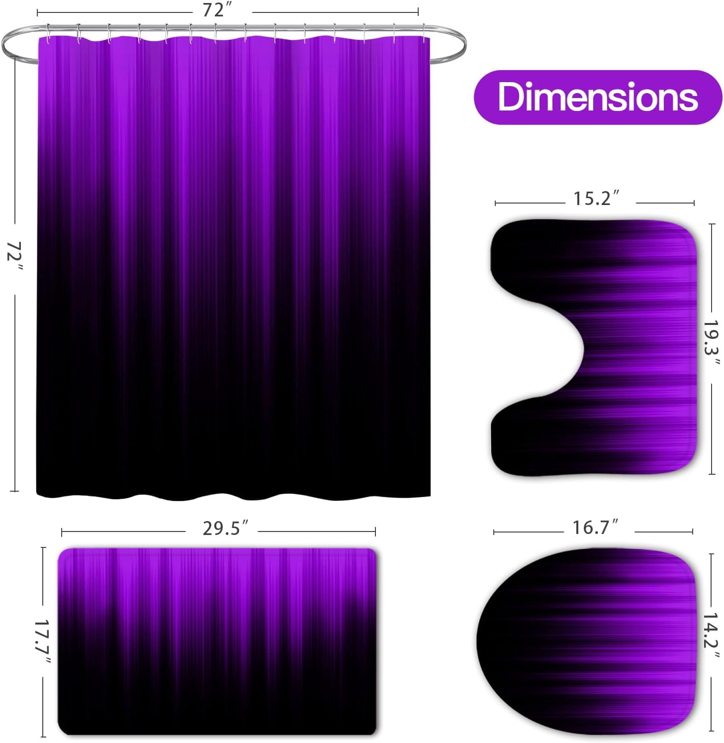 4 Pcs Purple and Black Gradient Shower Curtain Set with Rugs and Toilet Lid Cover, Modern Simple Waterproof Fabric Bathroom Set, Ombre Stripe Gothic Abstract Bathroom Decor Set Accessories