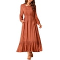 thumbnail image 1 of Vestido largo A-Line de mujer bohemio de manga larga con escote cuadrado, cintura alta elástica y bolsillos en color rojo ladrillo, 1 of 5