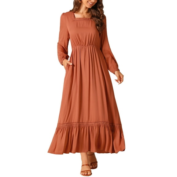 INSPIRE CHIC Women's Boho Long Sleeve Square Neck Elastic High Waist Flowy A-Line Maxi Dress with Pockets XL Brick Red