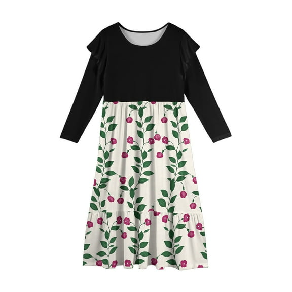 LTTVQM Long Sleeve Dresses for Girls 4-5 Fall Casual Floral Print Holiday Dress Tiered Cute Ruffle Crew Neck Trendy Waist Maxi Dresses Green 4-5 Years