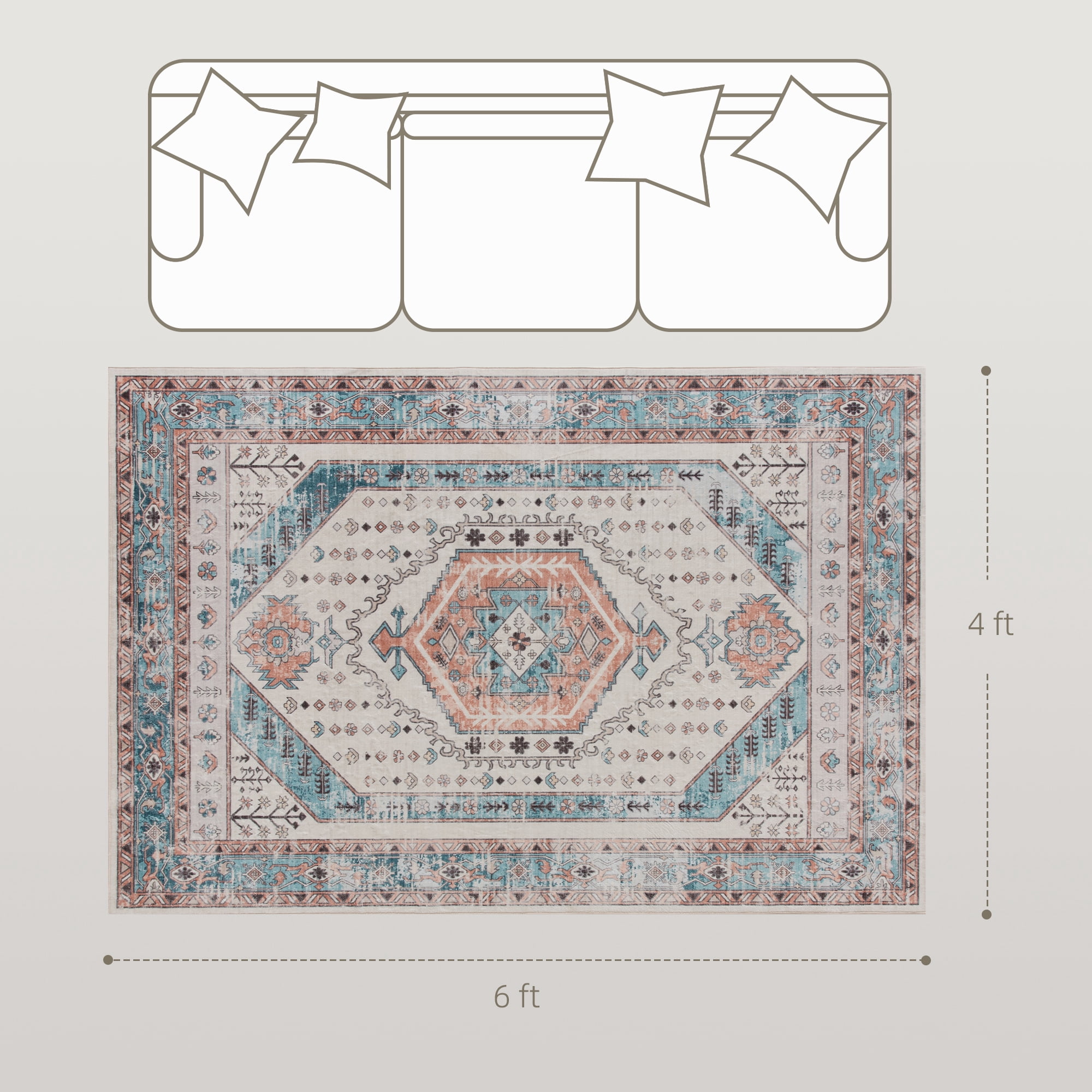 Area Rug 72"x48" Low-Pile Non-Slip Machine Washable Rug for High Traffic & Pet-Friendly Spaces
