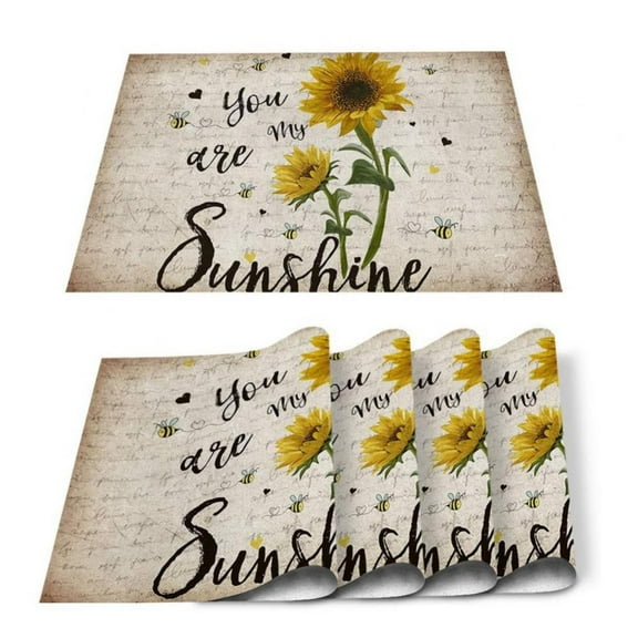 Sunflower Washable Placemats for Dining Table Set of 4, Sunflower Cute Bee Gnomes Yellow Flower Border Non-Slip Heat Resistant Kitchen Table Mats Farmhouse Placemats, 12x18 Inch