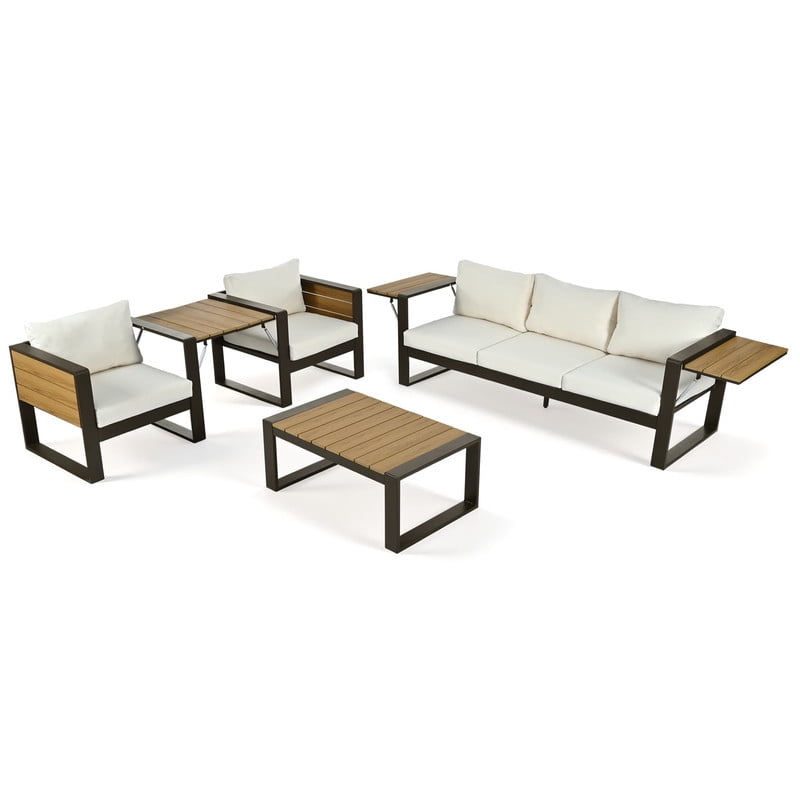 4-Piece Aluminum Outdoor Patio Furniture Set, 5-Person Outdoor Sectional Sofa Set, 3-Seater Sofa, 2 Armchairs with Fold-Out Side Tables