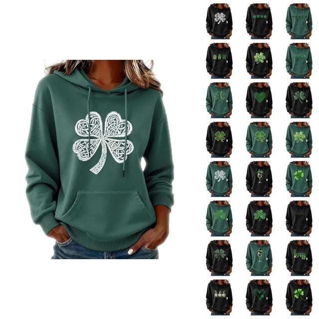 Chandails à Capuchon pour Femmes de la Saint-Patrick 2026 à Manches Longues avec Graphique de Trèfle et Poches