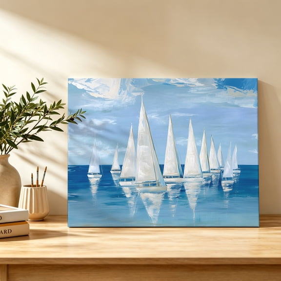 Summer Theme Canvas Wall Art, Oil Painting Ocean Wave Sailboats Cloud Wall Art Prints Artwork Framed Canvas Ready to Hang Art Pictures for Bathroom Bedroom Entry Desk Corner 10" x 8"