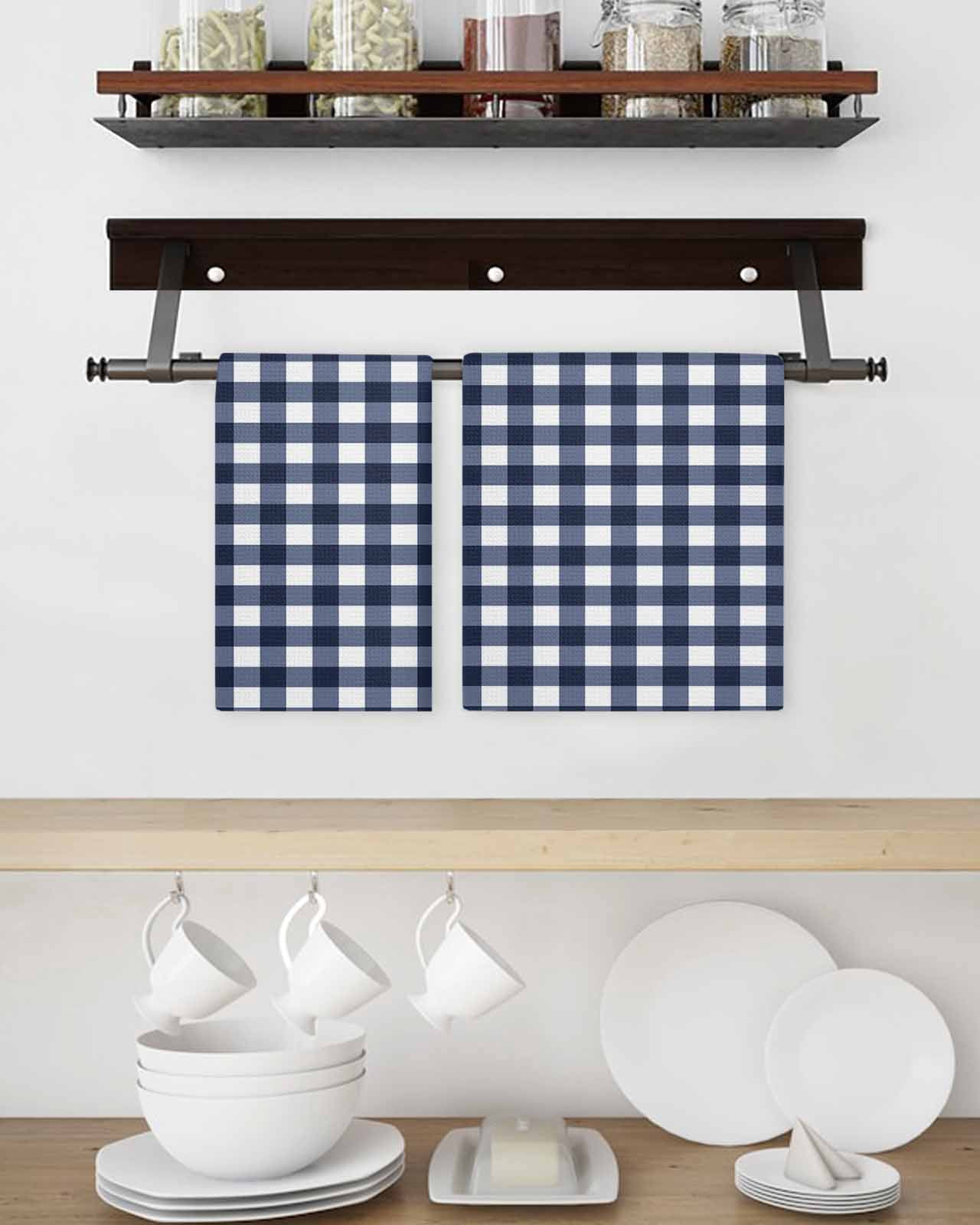 Navy Blue Check Kitchen Dish Towels for Drying Dishes Set of 2, Farmhouse Buffalo Plaid Blue Waffle Weave Microfiber Hand Tea Bathroom Towels Quick Dry & Absorbent Towel 15.7x23.6