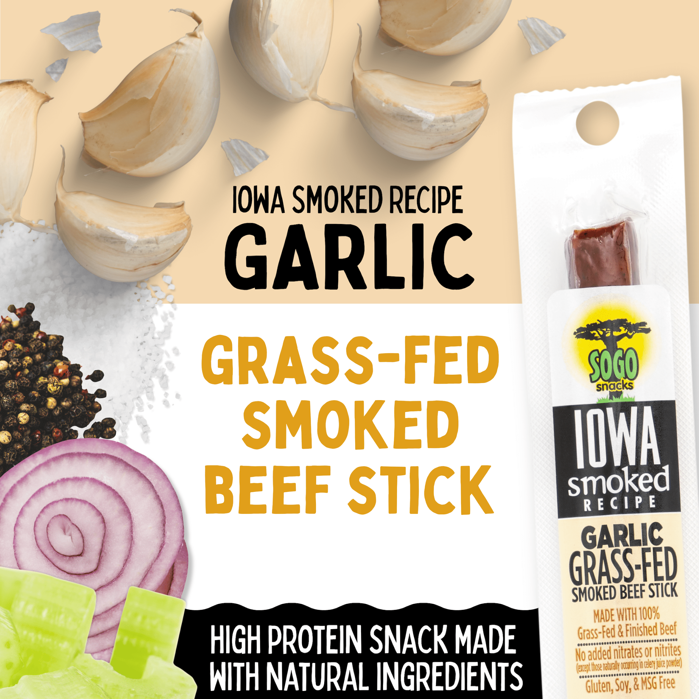 Garlic, Sogo Snacks, Sugar Free Beef Jerky, Non-GMO Grass-fed Beef Sticks. No Nitrates, Gluten, Soy, MSG, Dairy, or Nuts. Low Calorie High Protein Meat Stick. Paleo, Whole30, & Keto Snack (12 Cnt)