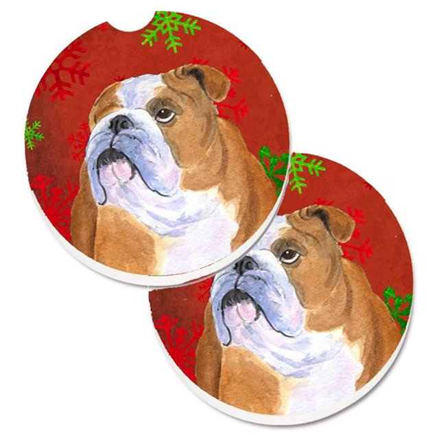 Bulldog Flocons de Neige Rouges et Verts Anglais Ensemble de Noël de 2 Porte-Gobelets sous-Verre de Voiture