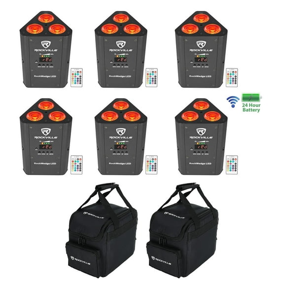 6) Rockville RockWedge LED RGBWA UV Rechargeable Battery Wireless DMX Lights Bag