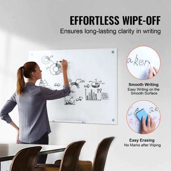 Magnetic Glass Whiteboard, Dry Erase Board 36"x24", Wall-Mounted Large White Glassboard Frameless, with Marker Tray, an Eraser and 2 Markers, White