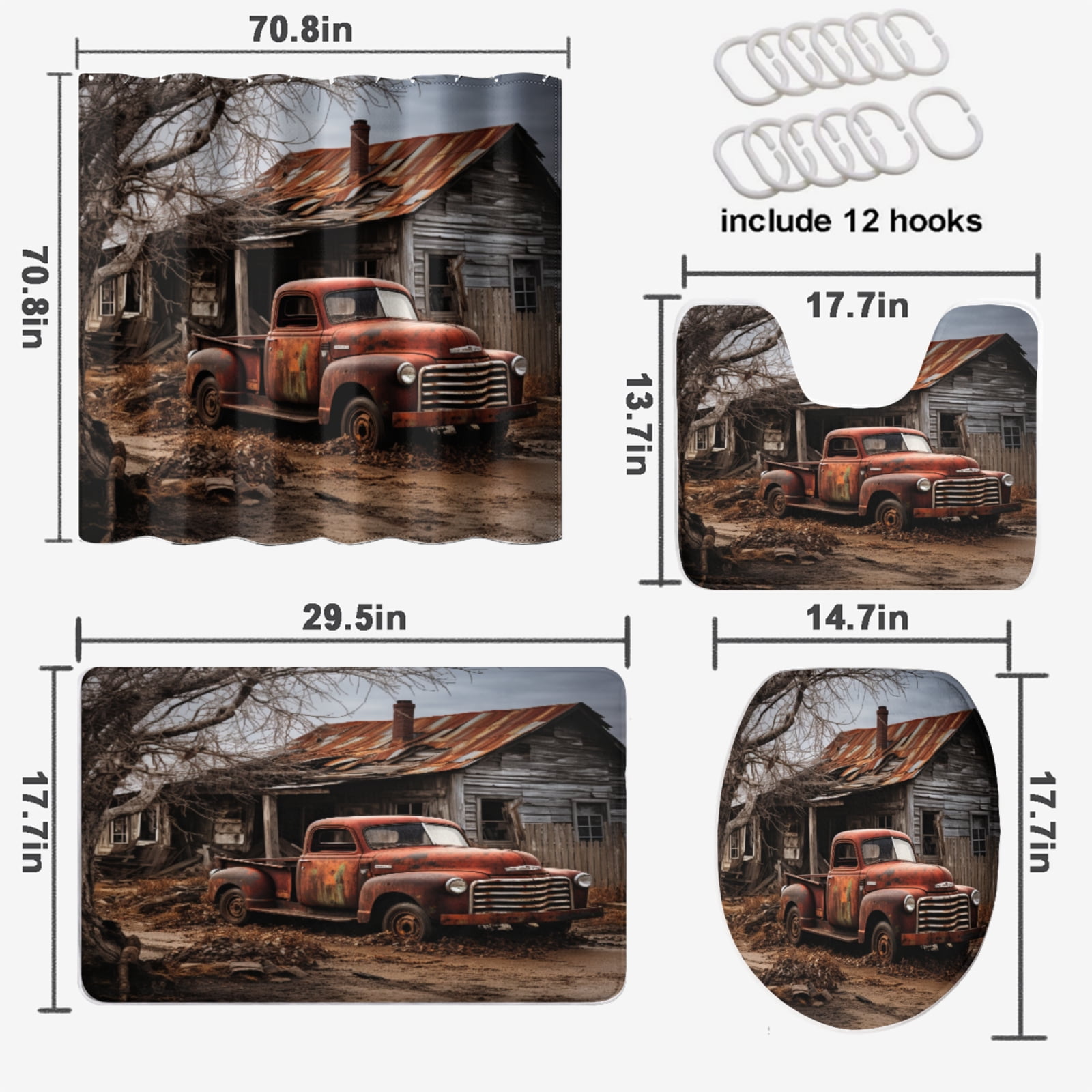 Old Vintage Farm Truck 4 Pcs Shower Curtain Set Western Rustic Barn Antique Car Farmhouse Country Retro with Non-Slip Rugs Toilet Lid Cover and Bath Mat Bathroom Decor Set, 72x72 Inch