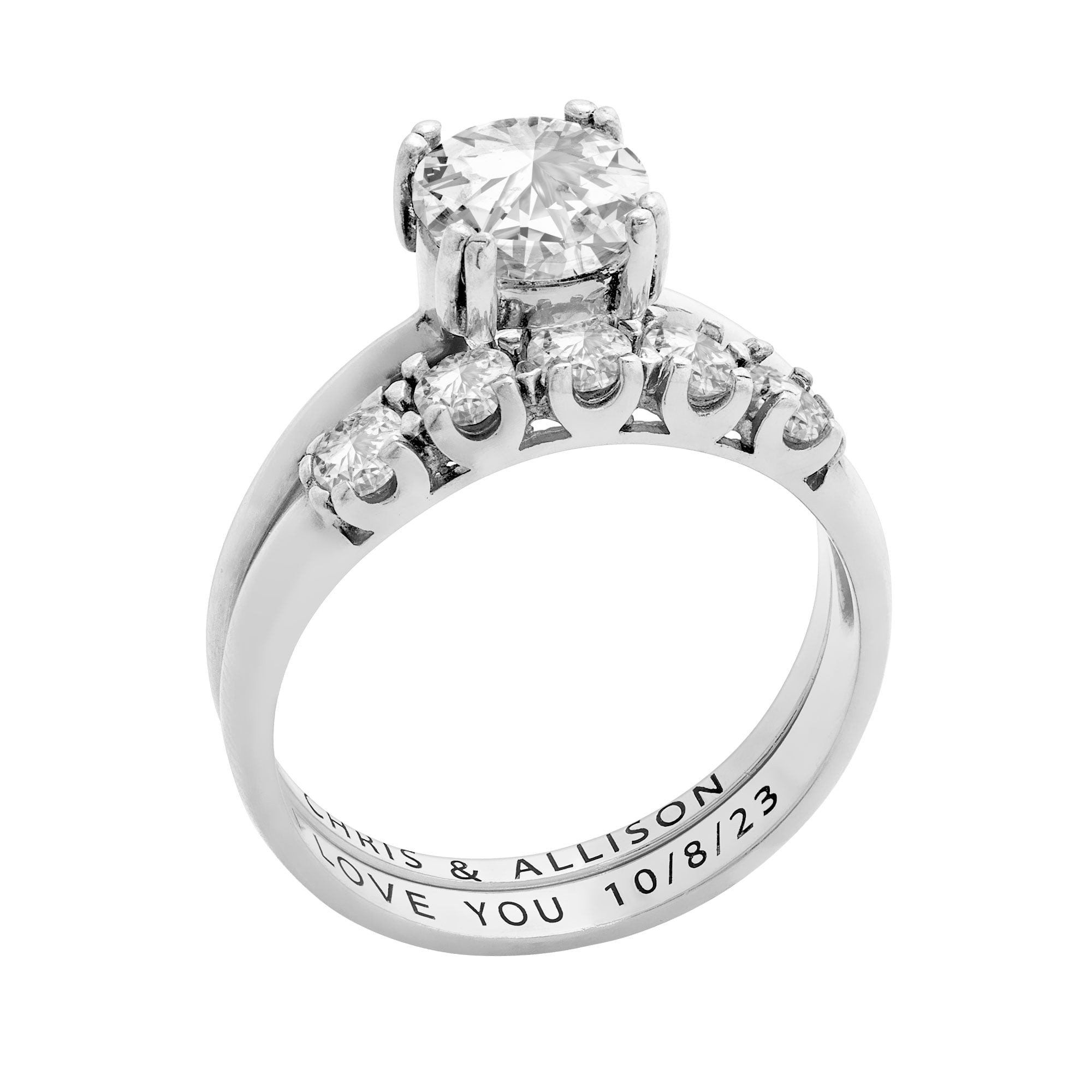 Vow & Forever Personalized Planet Bridal Platinum over Sterling Silver Round White Topaz 2-Piece Engraved Wedding Ring Set ,Women's