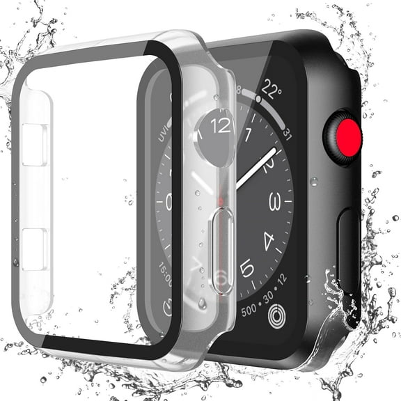 XIHAMA [2 Pack Waterproof Black Hard Case with Tempered Glass for Apple Watch Series 1 to 10 40/38/41/42/44/45/49mm, Ultra-Thin Rugged Protective Case for iWatch Screen Protector