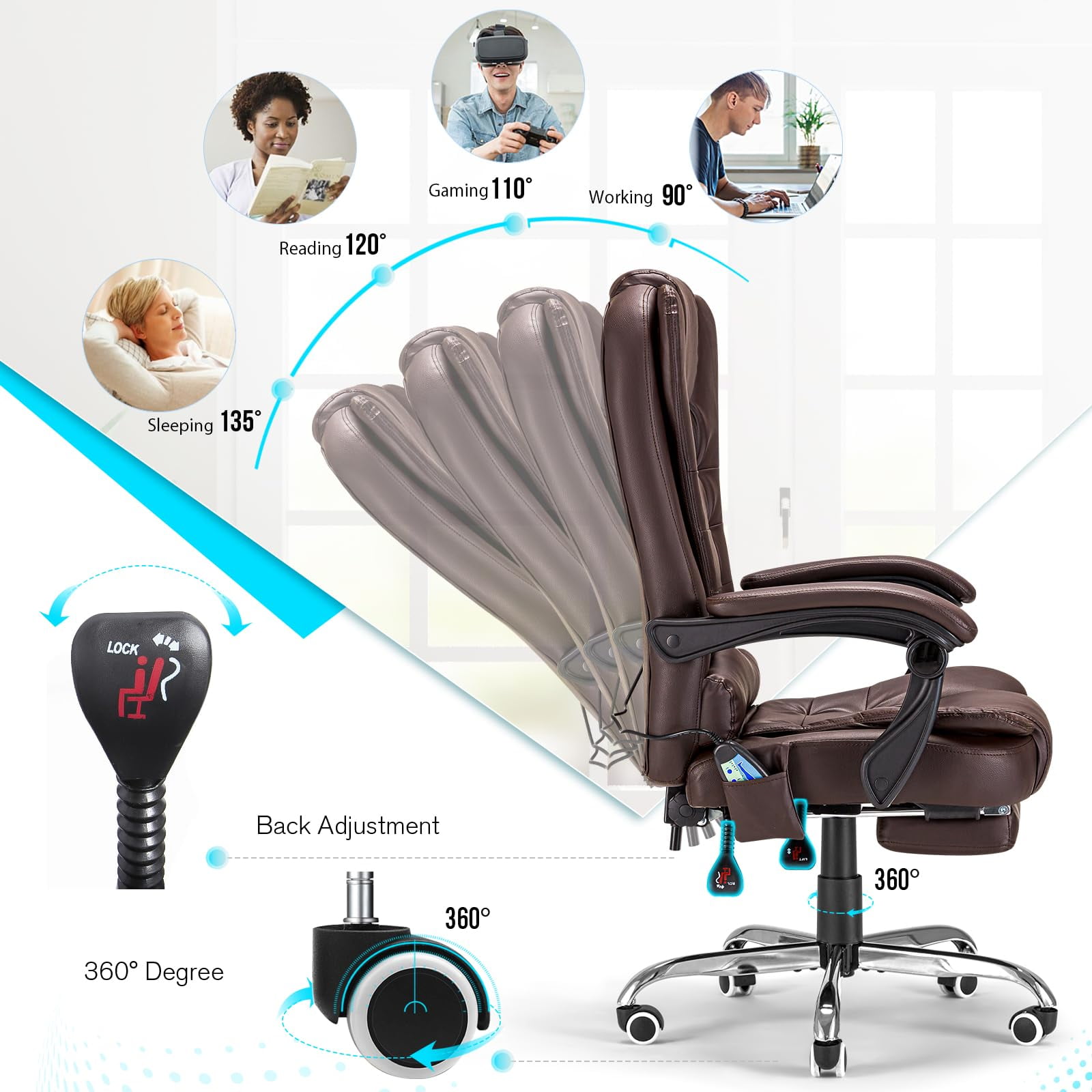 YODOLLA 7 Points Massage Office Chair with Heat Ergonomic Reclining Computer Chair High Back Desk Chair w/Retractable Footrest Ergonomic Leather Office Chair，Brown